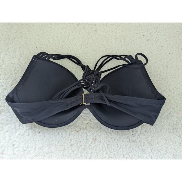 Victorias Secret Black Bikini Top Size 34D Crochet Racerback Padded Underwired - Picture 3 of 8